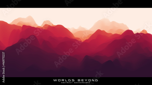 Fog over mountains. Vector landscape panorama. Abstract red gradient eroded terrain. Worlds beyond.
