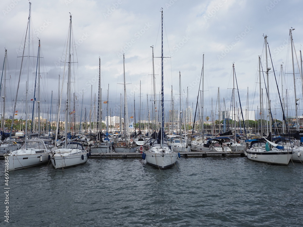Scenic luxury yachts in port at city of Barcelona in Spain