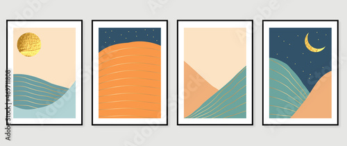 Mountain background wall art vector set. moon and sunset with gold texture. Landscapes abstract arts wallpaper design for wall framed prints, canvas prints, poster and home decor.