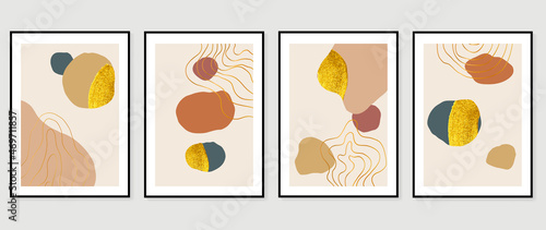 Abstract art background vector. Gold brush line arts. Modern organic shape wallpaper. Minimalist hand painted illustrations with watercolor stain texture for home deco, wall art print and cover.