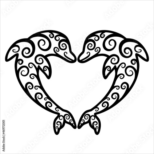 two dolphins in love look at each other, a pair of dolphins lace silhouette, dolphins in the shape of a heart 