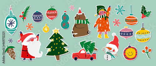 Cute Christmas stickers vector set. Hand drawn doodle style Christmas decorations  holiday gifts  winter clothes  bear  trees  gifts  penguin and Santa Claus. vector illustration.