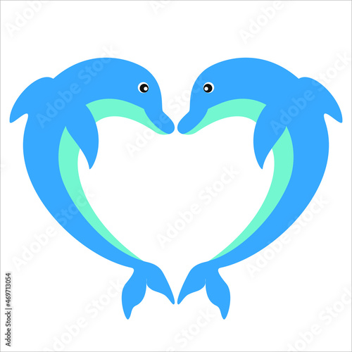 two dolphins in love look at each other, a pair of dolphins flat illustration, dolphins in heart shapes 