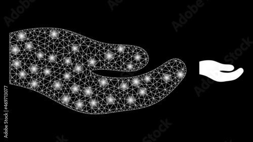 Glossy polygonal mesh web human hand icon with glare effect on a black background. Network human hand iconic vector with glamour spheres in bright colors.