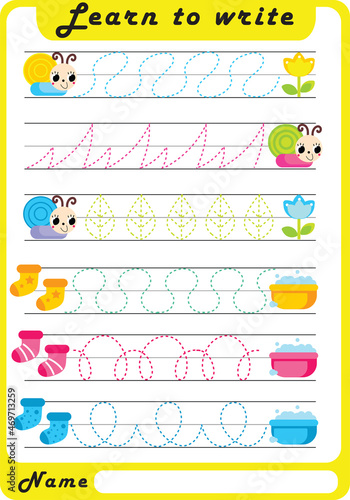Preschool Fine Motor Worksheet - Dotted Lines.  Learn to write. Trace sheet. Illustration and vector outline - A4 paper, ready for printing. Workbook for kids handwriting repeat.