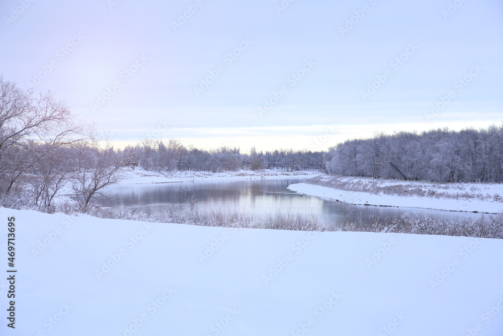 Beautiful Red River View. Frost Snow Day. Peaceful Concept. Beautiful Red River View. Frost Snow Day. Peaceful Concept.