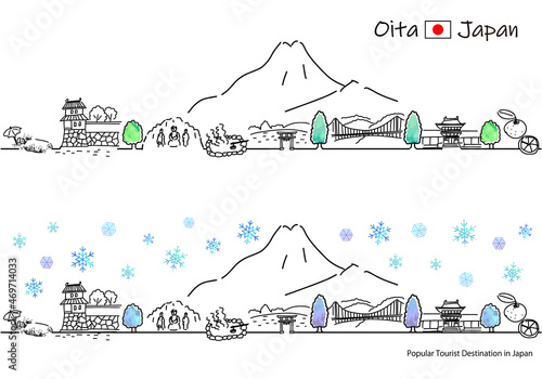 冬の大分県の観光地の街並みのシンプル線画セット