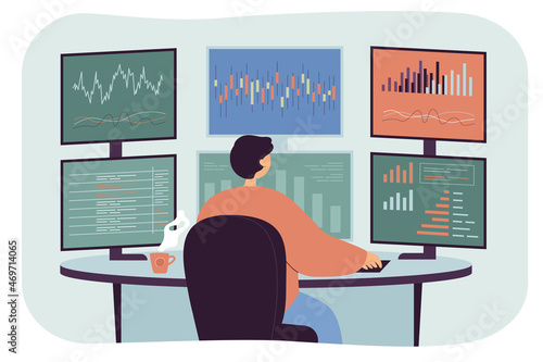 Man sitting at desk with computers in office. Stock trader or broker looking at multiple screens with financial and market charts flat vector illustration. Economic and business analysis concept