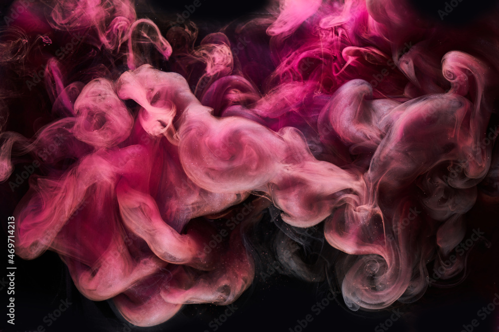 Pink smoke on black ink background, colorful fog, abstract swirling touch ocean sea, acrylic paint pigment underwater
