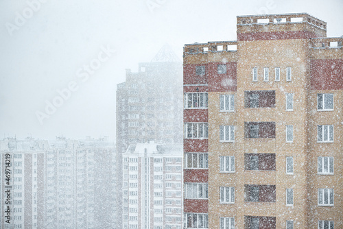 Photography Winter time in Moscow details Buildings windows in bricks and snow is falling