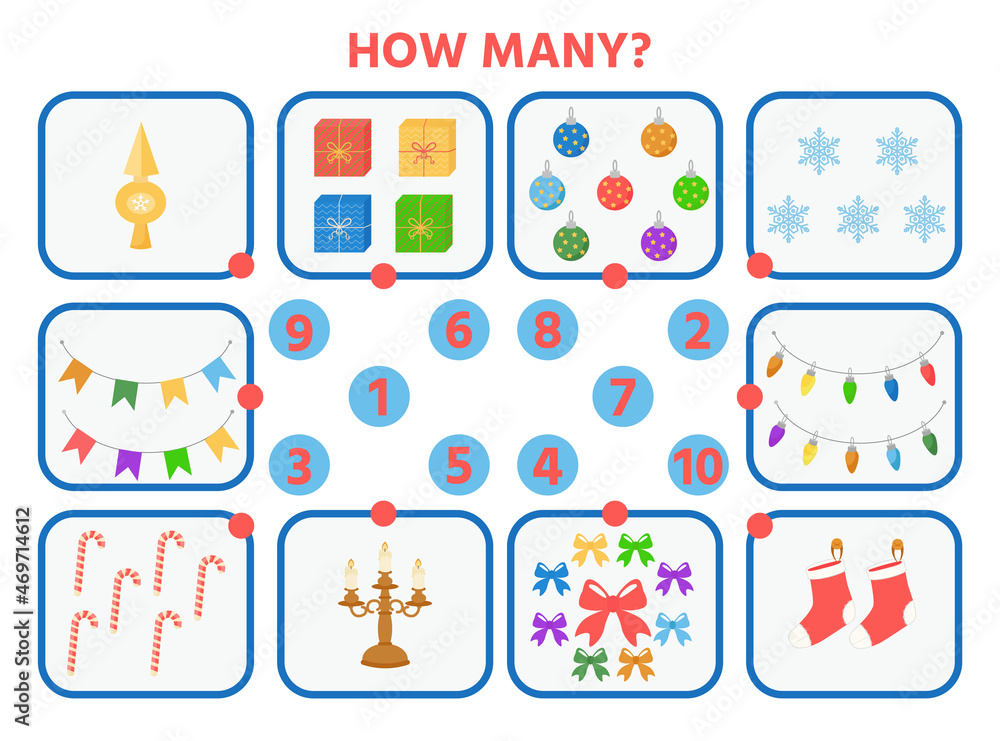 Game for children with pictures on Christmas theme. How many? Vector kids activity sheet. Children funny riddle entertainment.
