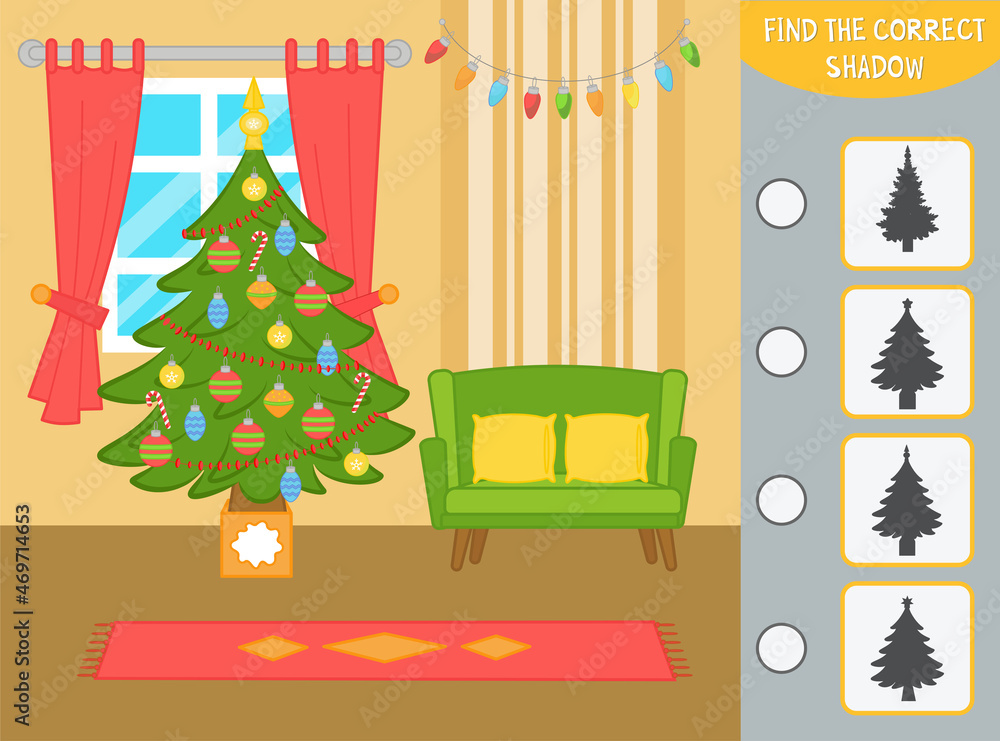Fototapeta premium A game for children with a Christmas theme. Find the correct shadow for the tree. game to develop attention. printed worksheet. Vector illustration