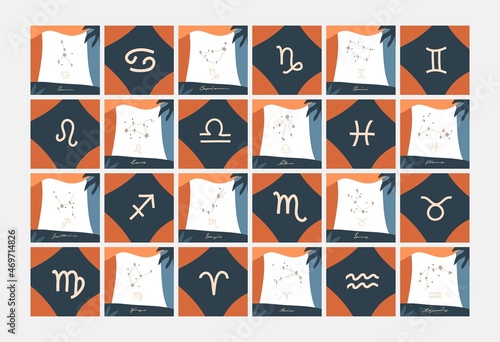 Hand drawn vector abstract stock graphic simple illustration collection cards set art with modern magic collage artistic contemporary print template of boho zodiac stars constellations signs postcard.
