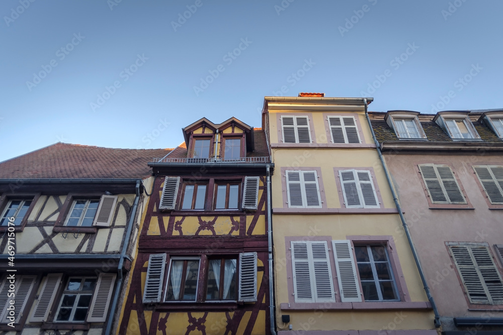 Traditional half timbered facade and colorful beautiful architecture in Colmar old town, Alsace, Haut-Rhin department, Grand Est region, north-eastern France