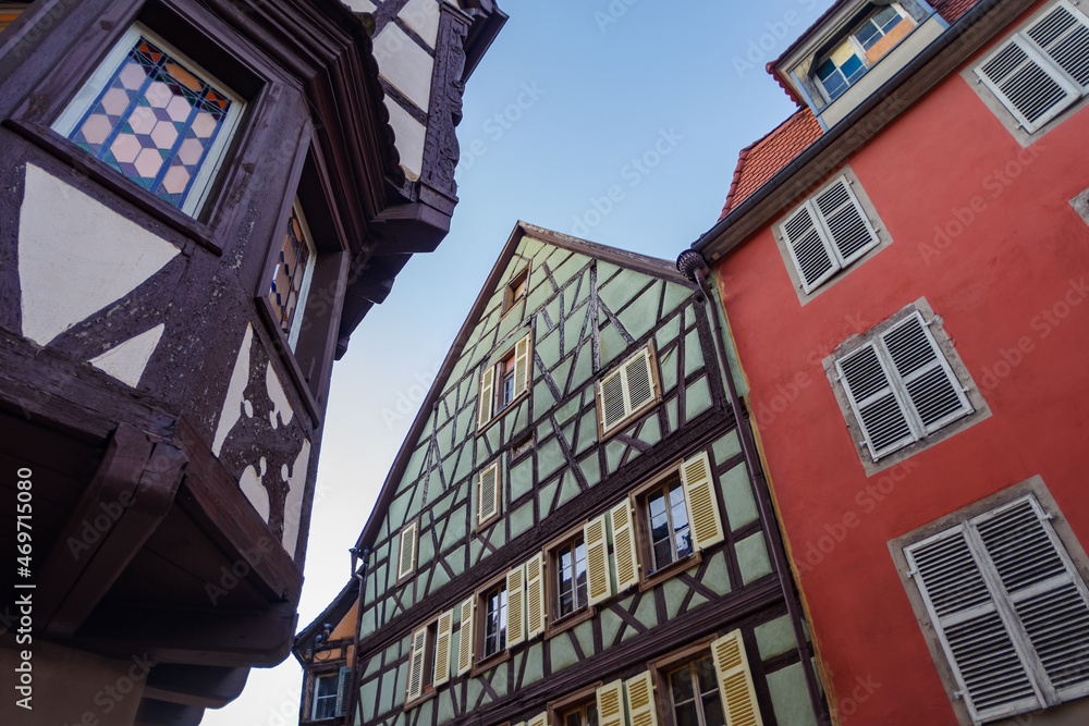 Traditional half timbered facade and colorful beautiful architecture in Colmar old town, Alsace, Haut-Rhin department, Grand Est region, north-eastern France