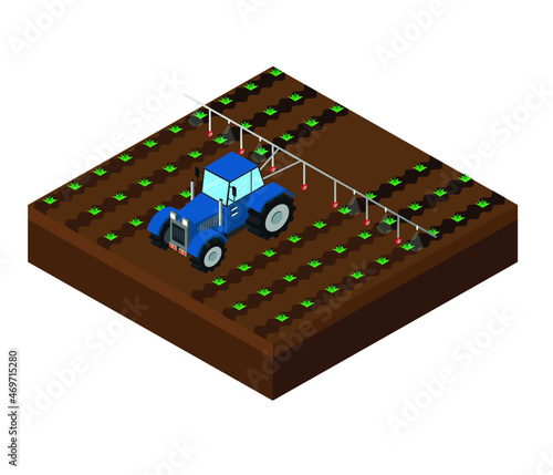 agricultural machine isometric. Tractor in the field, plowing, spreading, harvesting wheat. plant growing system.
