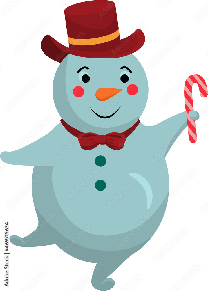 A snowman in a top hat holds a lollipop in his hands. Funny Christmas snowmen. Vector illustration of a character isolated on a white background. A snowman in a top hat holds a lollipop in his hands. Funny Christmas snowmen. Vector illustration of a character isolated on a white background.