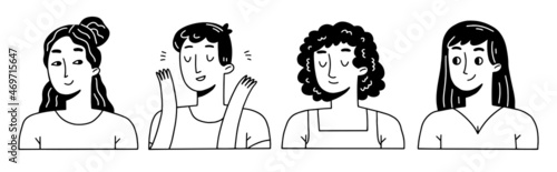 Set of portraits of happy young people. Collection of characters in linear doodle style. Vector illustration.