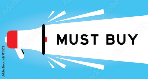 Color megphone icon with word must buy in white banner on blue background