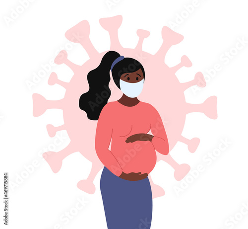 Pregnant woman wearing medical face mask and touching belly. Coronavirus covid 19 as background. Healthy pregnancy concept. Vector flat illustration