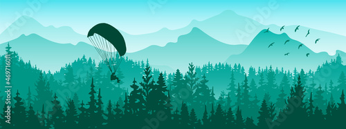 Horizontal banner. Magical misty landscape with paraglider and birds. Silhouettes of trees and mountains. Blue and green illustration. 