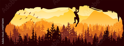 Silhouette of rock climber climbing overhang in cave. Forest and mountains in the background, birds. Magical misty landscape, fog. Yellow and orange illustration. Banner.