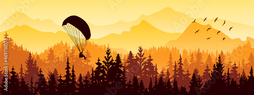 Horizontal banner. Magical misty landscape with paraglider and birds. Silhouettes of trees and mountains. Yellow, orange, brown illustration. 