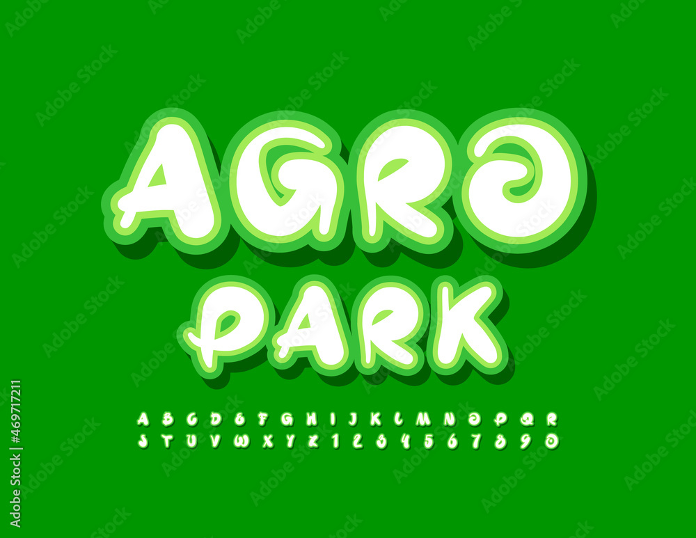 Vector bright Emblem Agro Park. Handwritten Playful Park. Modern set of Alphabet Letters and Numbers Vector bright Emblem Agro Park. Handwritten Playful Park. Modern set of Alphabet Letters and Numbers