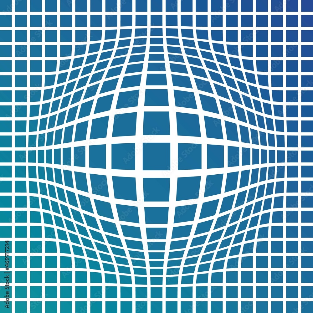Naklejka premium Half-tone dots. Dotted, rectangular pattern. Sphere, orb or globe distortion speckles. Diffuse radial, radiating bulge, bloat warp. Abstract circles rectangular geometric pattern
