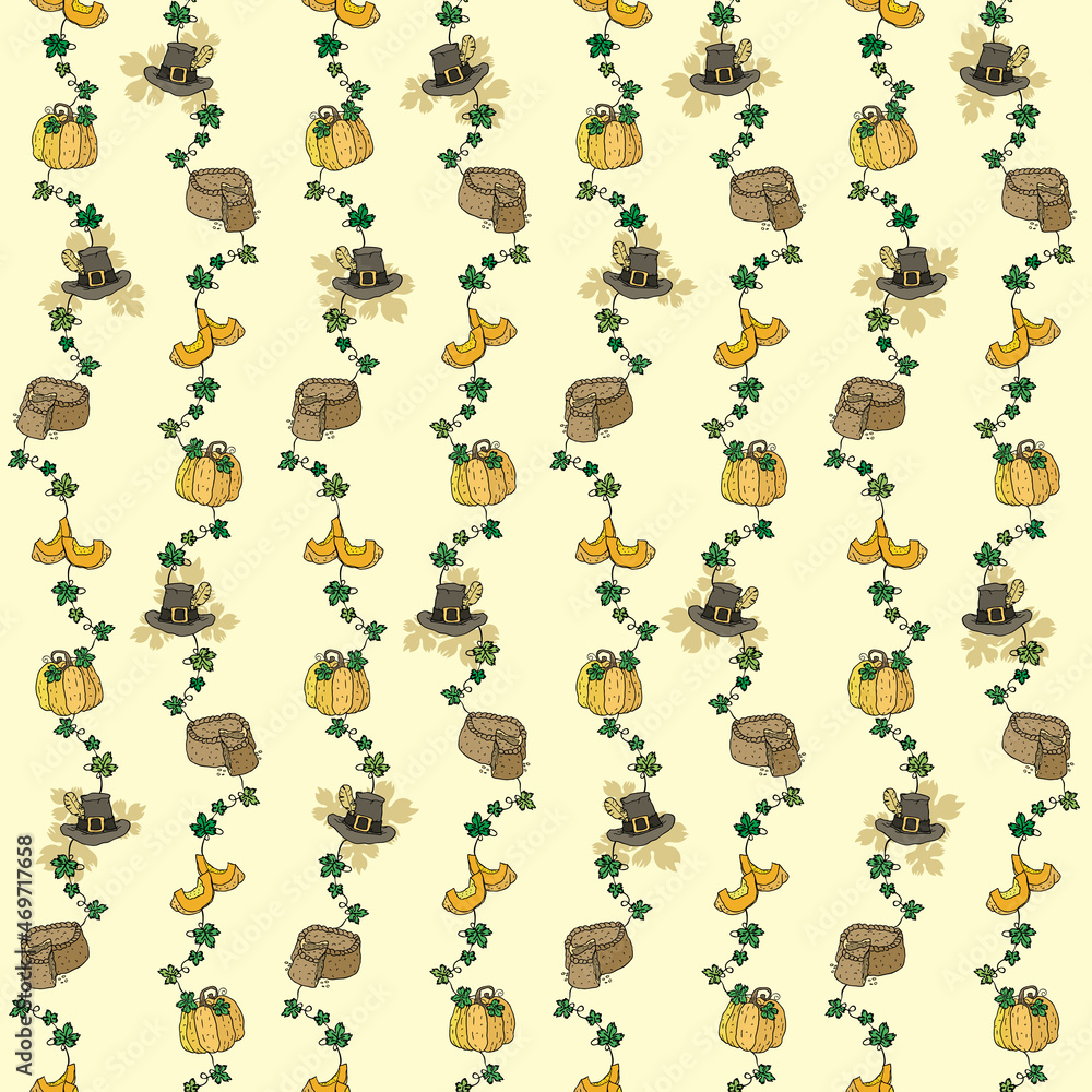 Thanksgiving pattern with pumpkins pies and pilgrim hats Thanksgiving pattern with pumpkins pies and pilgrim hats