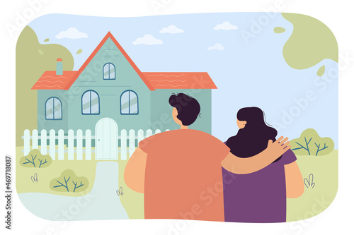 Woman and man hugging his wife looking at house. Couple searching new home for family flat vector illustration. Real estate market, house buying concept for banner, website design or landing web page