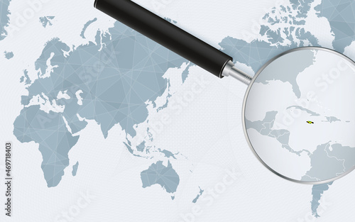 Asia centered world map with magnified glass on Jamaica. Focus on map of Jamaica on Pacific-centric World Map.