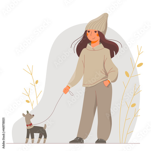 Cute cartoon young woman in a hoody walking with her little dog.