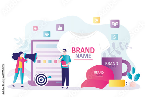Managers presenting company products. E-commerce and advertising campaign. People advertise custom design clothing