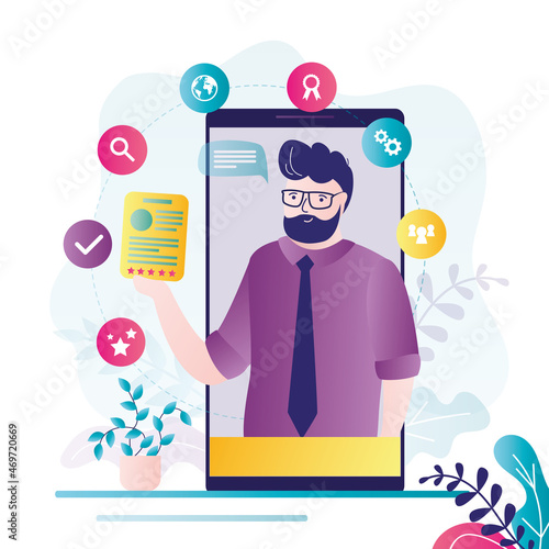 Guy presents himself as skilled worker. Online interview of person for job. Man self-presentation on mobile phone screen