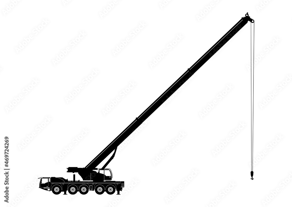 Fototapeta premium Silhouette of heavy telescopic mobile crane. Side view. Flat vector.