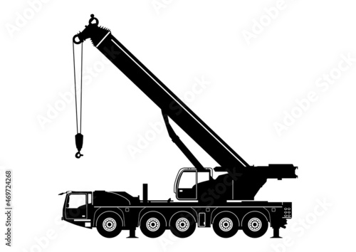Silhouette of heavy telescopic mobile crane. Side view. Flat vector. photo