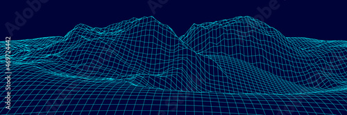 Digital wireframe landscape. Wireframe terrain polygon landscape design. Digital cyberspace in mountains with valleys. Vector illustration.