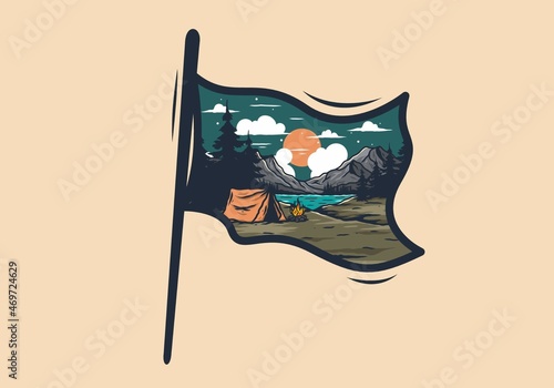 Night lake camping illustration drawing