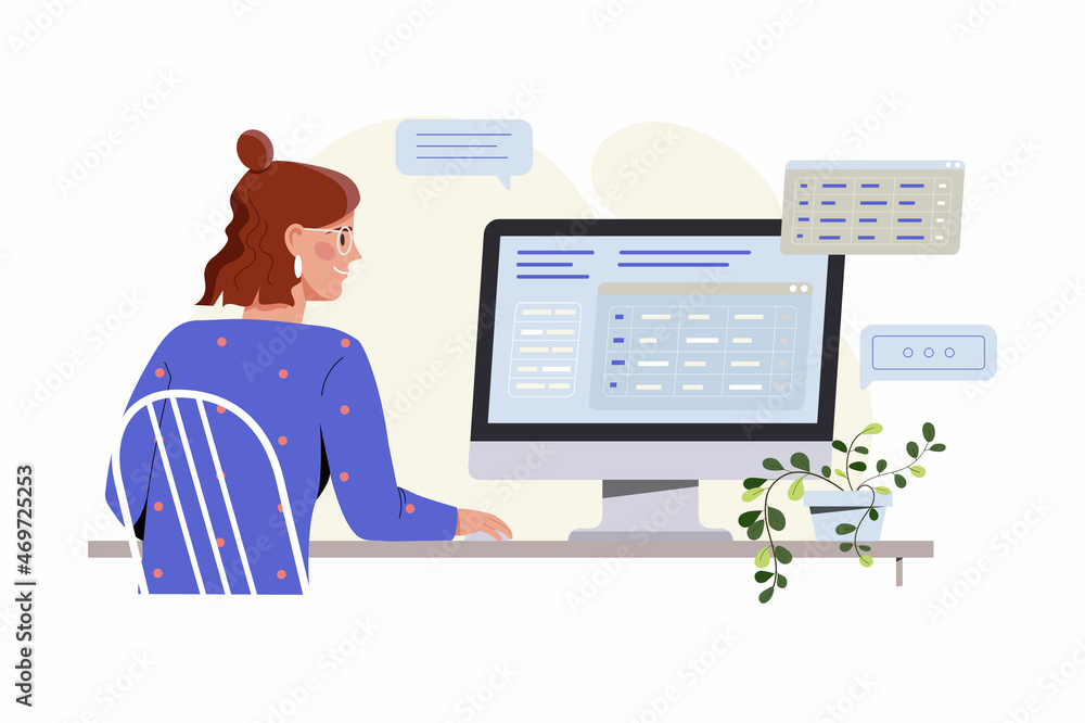Fototapeta premium Big data concept. Girl sits in front of monitor in office. Research, data analysis, digital archive search, marketing, company. Analytical department of company. Cartoon flat vector illustration
