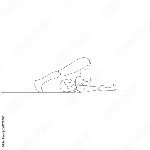 Woman doing yoga plough pose. Continuous line drawing. Linear asana vector illustration.