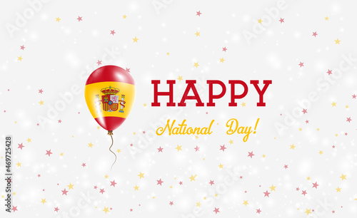 Spain National Day patriotic poster. Flying Rubber Balloon in Colors of the Spanish Flag. Spain National Day background with Balloon, Confetti, Stars, Bokeh and Sparkles.