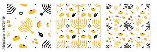 Set, collection of three vector seamless pattern backgrounds for Hanukkah celebration design with menorah, dreidels, coins, david stars, sufganiyot.
