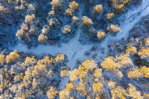 Aerial drone view of road in idyllic winter landscape. Street running through nature from a birds eye view.