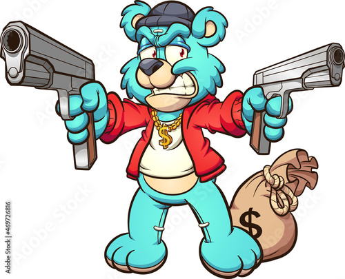 Cartoon angry Teddy bear holding a couple of guns and keeping a big bag on money. Vector clip art illustration with simple gradients. Bear and money separate layers.
