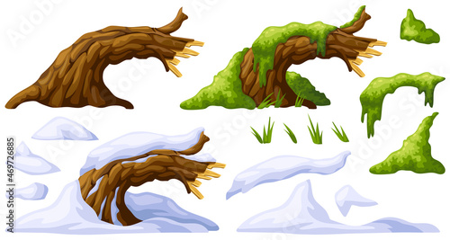 Wooden log in moss, under snow. Cartoon tree in swamp jungle. Broken oak and snowdrifts. Isolated vector elements game style on white background.