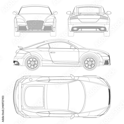 Coupe sport car vector template. Sport car blueprint. Car on white background. Mockup template for branding. Blank vehicle branding mockup. photo