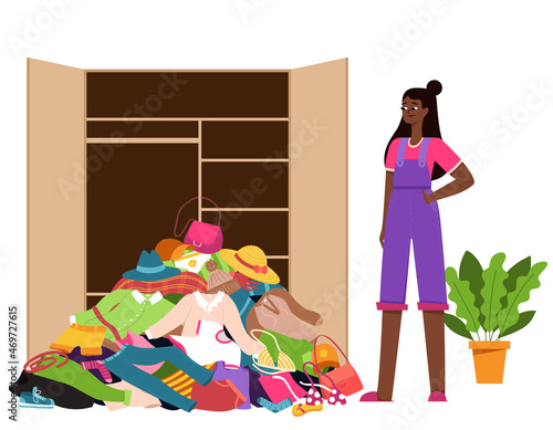A black girl in slippers, an empty wardrobe and a pile of clothes that fell out of the closet. A mess, a cluttered wardrobe. Color vector illustration of isolated on a white background.