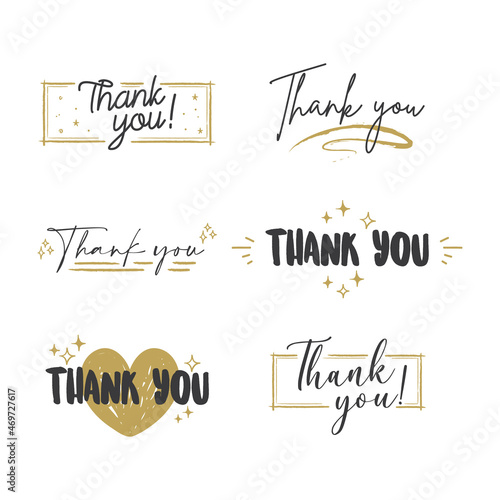 Thank You lettering compositions written with decorative calligraphic font. Bundle of gratitude phrase decorated with cute elements. Hand drawn thanks vector quotes.