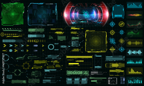 Sci-fi futuristic hud dashboard display virtual reality technology screen. Big collection HUD, GUI elements for VR, FUI design. Futuristic User Interface set. Statistics, data information infographic